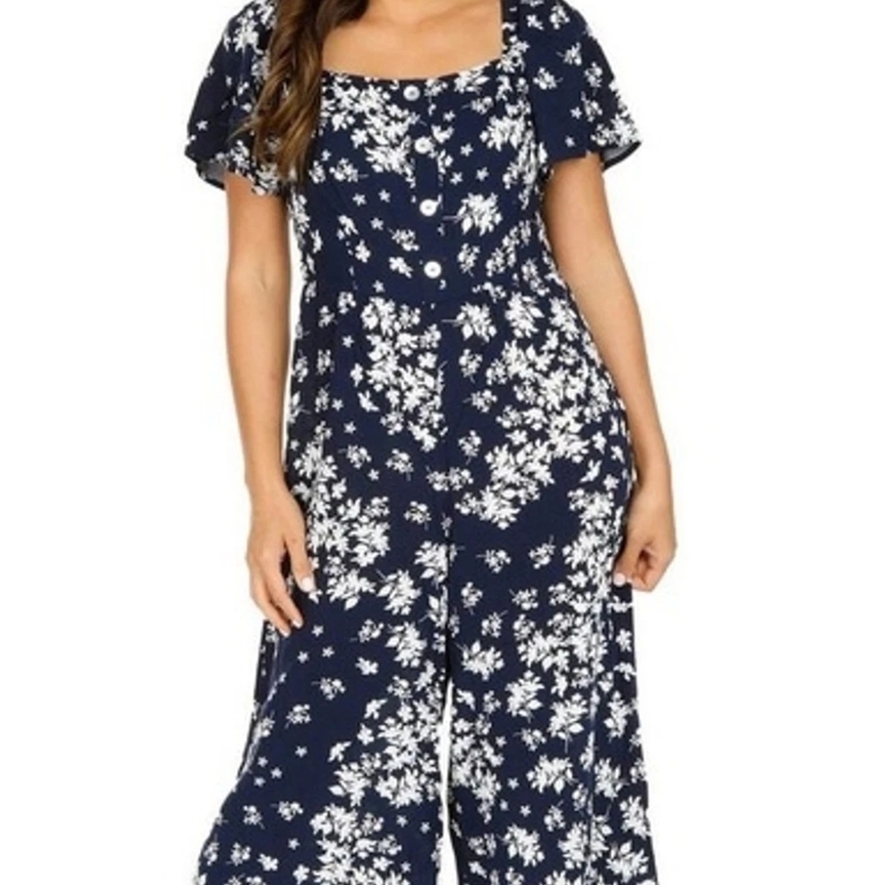 Luxology Floral Jumpsuit Black White Wide Leg Smocked Back Short Sleeve Size XL